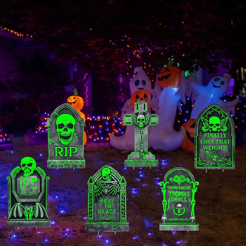 CiniQy 6 Pack Halloween Tombstones Graveyard Decorations, Halloween Yard Sign Glow in The Dark, 17”×10” Waterproof Outdoor Light Up Tombstones, Spooky Light Up Gravestones for Yard, Home, Party, Scary Decor - Image 1